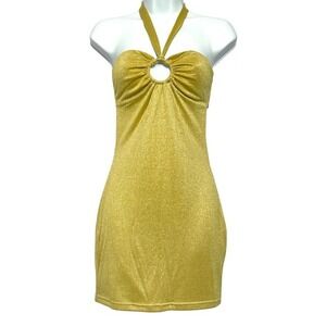 Beginning Boutique Gold Metallic Halter Mini‎ Dress Size 10 Keyhole Party Club